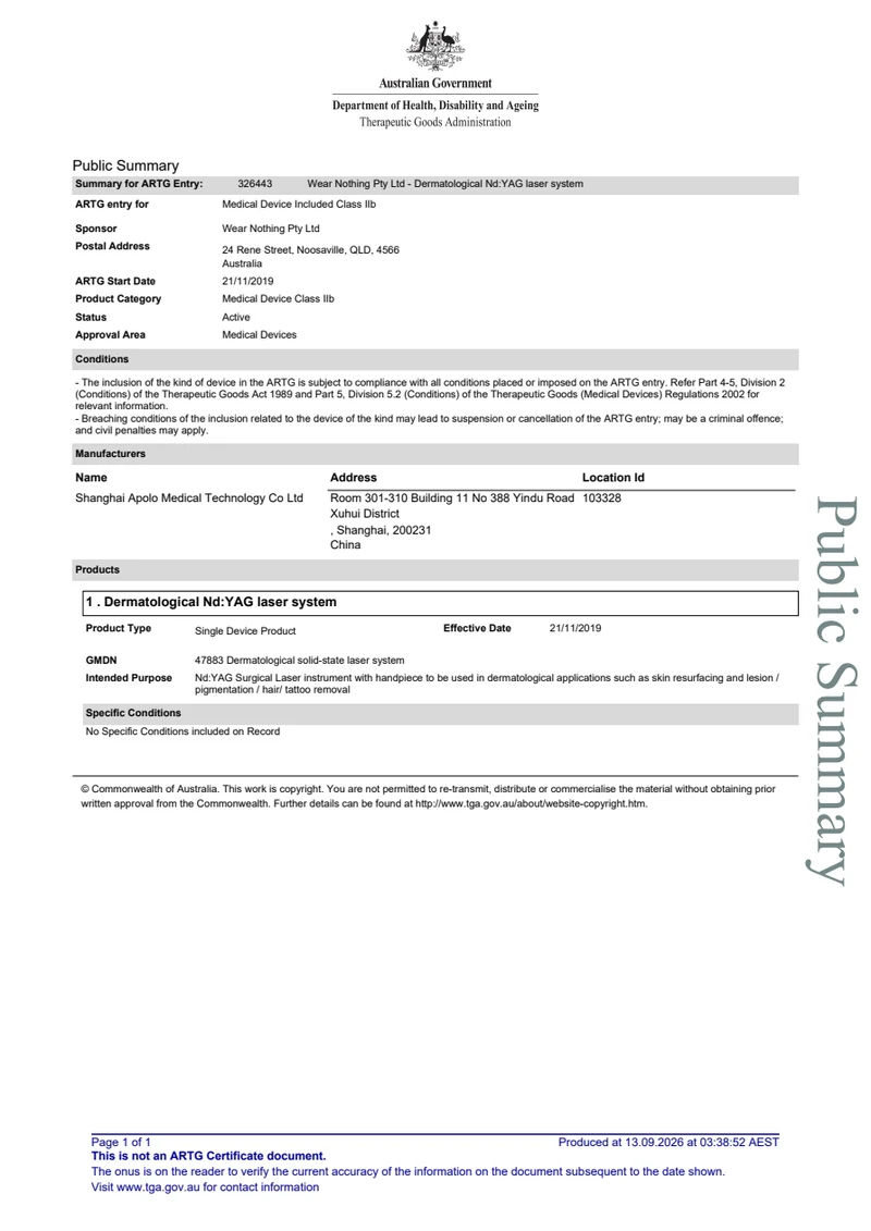 Dermatological Nd:YAG laser system — ARTG 326443 — original document preview