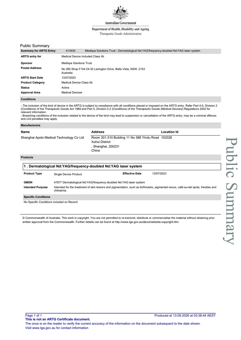 Nd:YAG / frequency-doubled Nd:YAG laser system — ARTG 413430 — original document preview