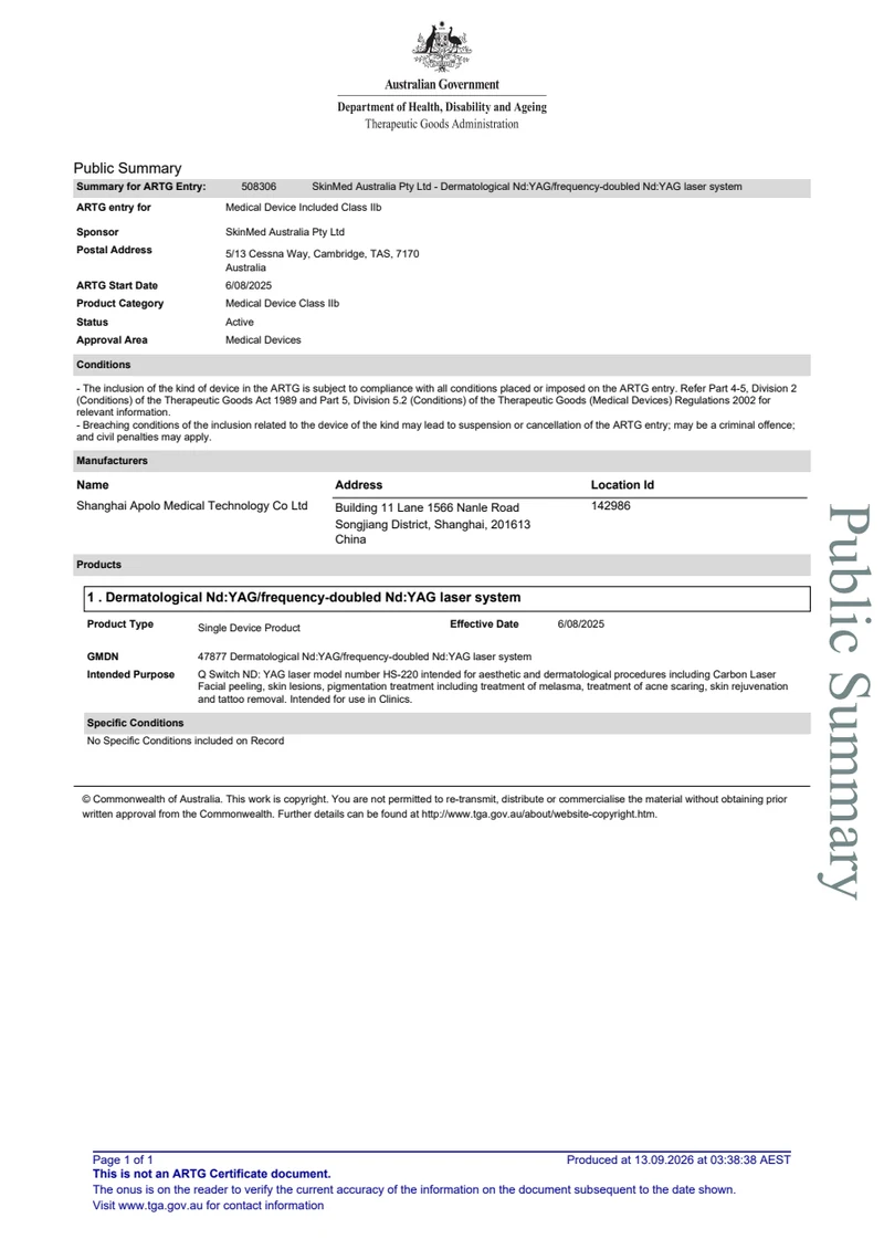 Nd:YAG / frequency-doubled Nd:YAG laser system — ARTG 508306 — original document preview