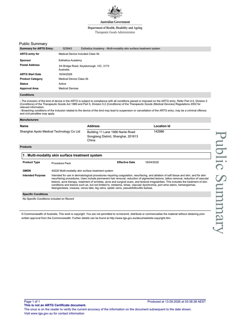 Multi-modality skin surface treatment system — ARTG 525643 — original document preview