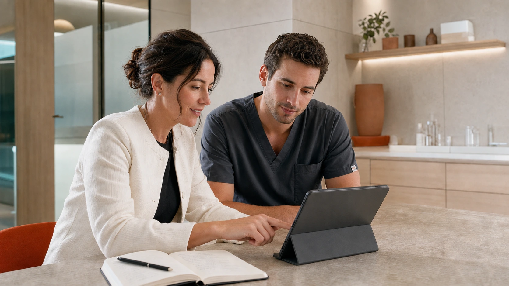 Two aesthetic professionals reviewing learning material together on a tablet.