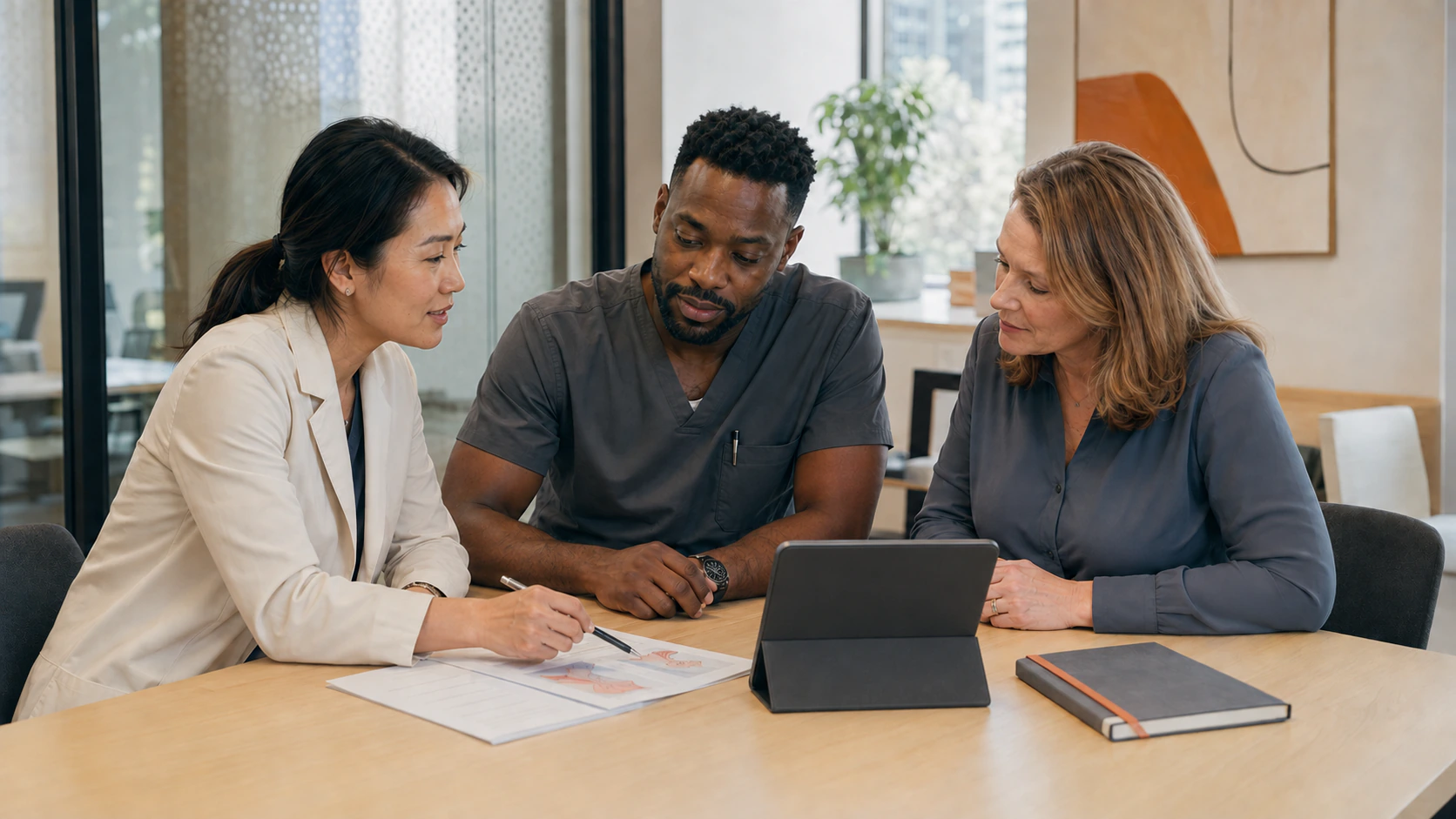 Three clinical education collaborators discussing reference materials around a table.