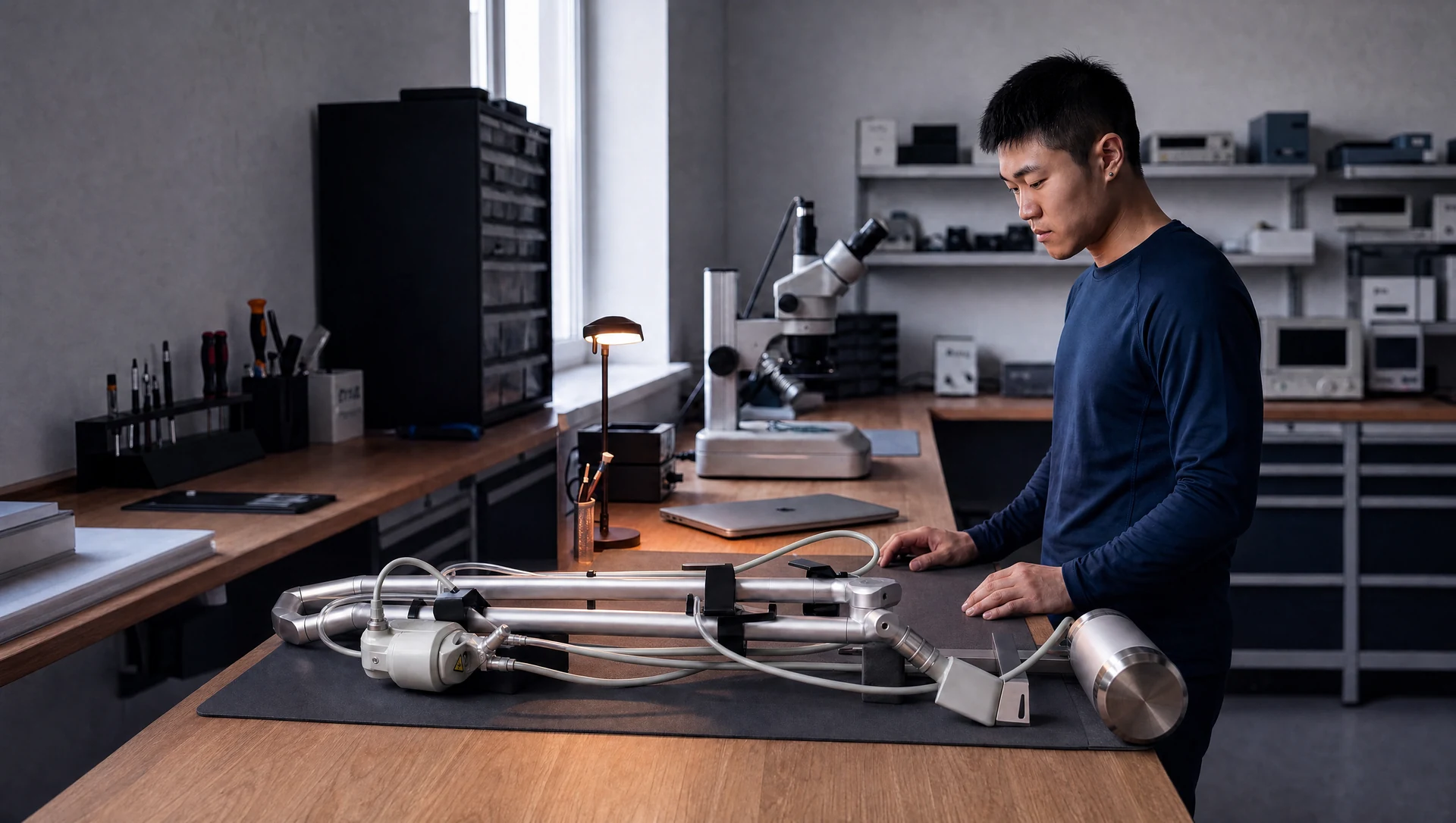 Illustrative scene of Eric Dong beside an Apolomed CO2 arm resting on a service workbench