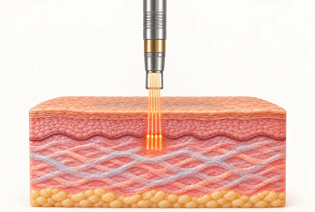 Vertical silver fractional pico tip with parallel light paths exiting straight downward from its end into small separated tissue interaction zones.