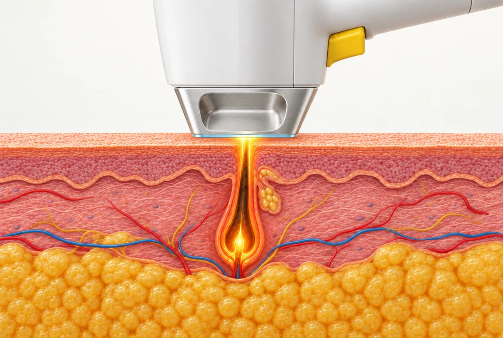 Diode handpiece with recessed metal removal grips on the side and a flat glass treatment window underneath against the skin, above a heated follicle schematic.