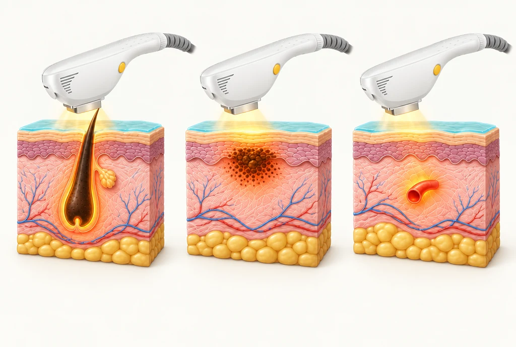 Three IPL diagrams showing filtered light interacting with a hair follicle, superficial pigment and a small vessel.