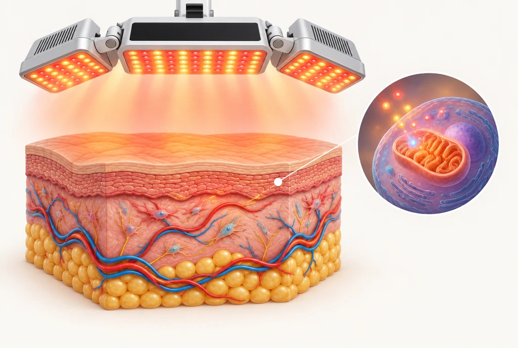 Articulated PhotoVive-style LED panels above a skin cutaway and an inset of a cell.