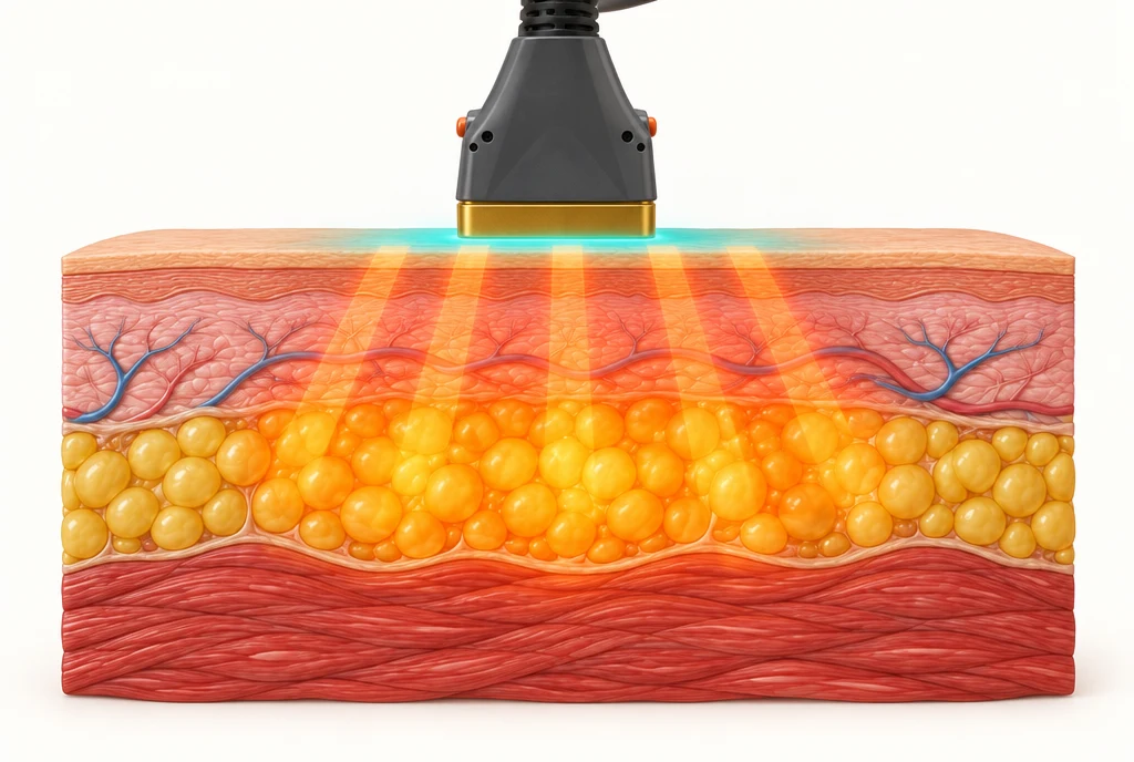 Dark SlimVive-style applicator with a gold contact plate above a schematic of subcutaneous fat heating and surface cooling.