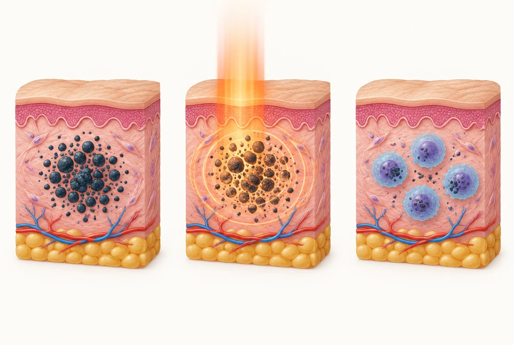 Three-stage schematic of dermal ink particles, pulsed energy interaction and immune cells containing smaller fragments.