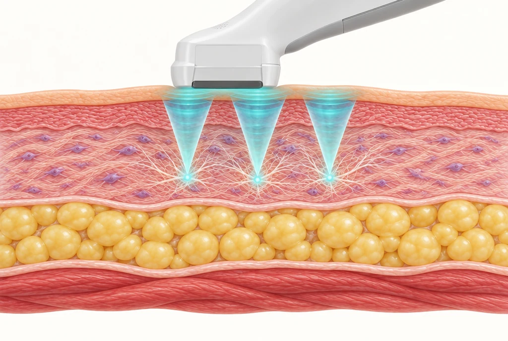Ultrasound energy cones converging on isolated focal points within a collagen-containing tissue layer under intact skin.