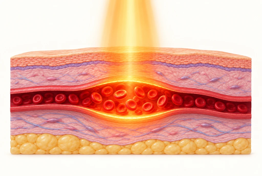 External light passes through intact skin to a dermal blood vessel, with localized warmth around blood and the vessel wall.