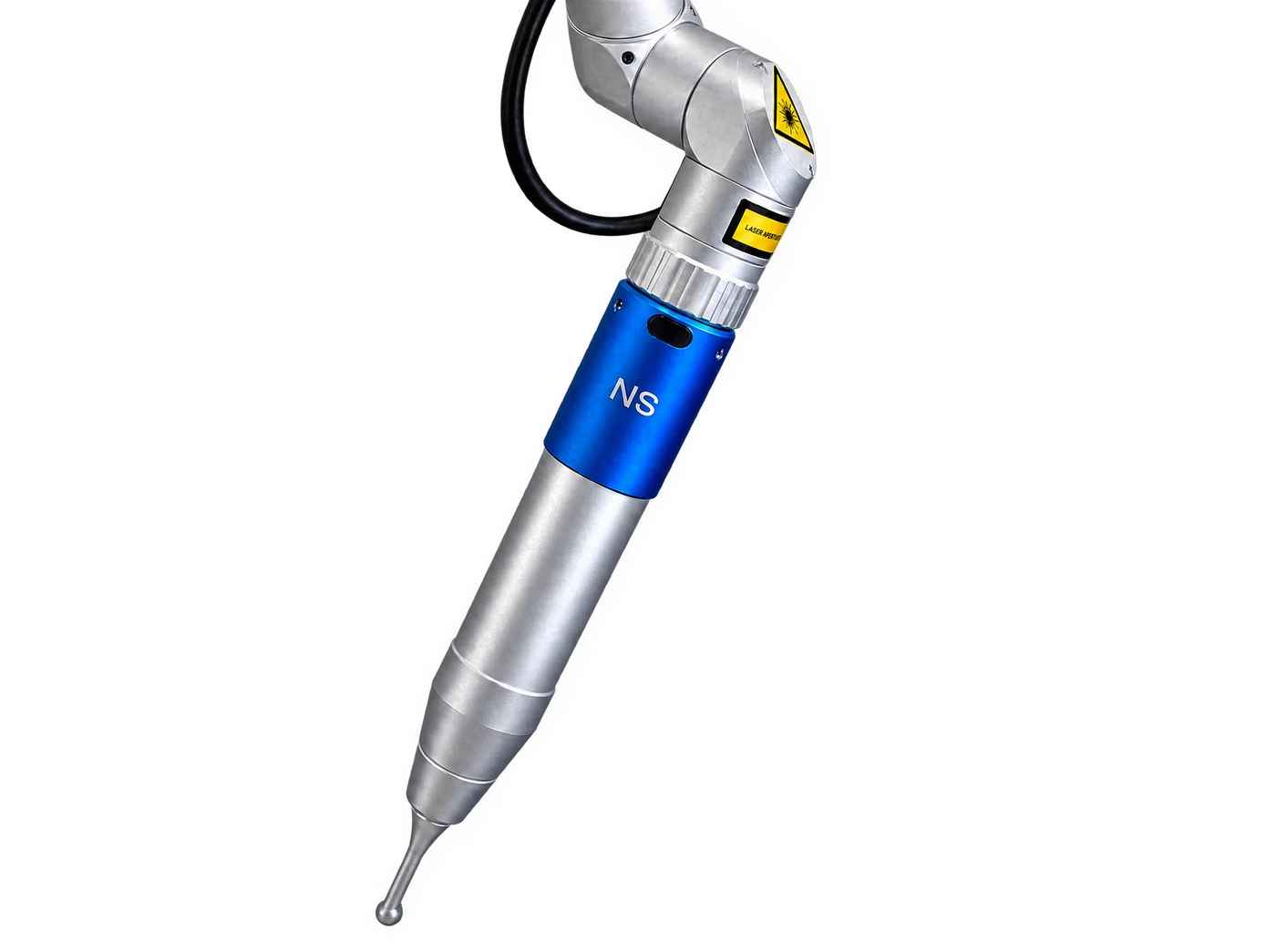 Blue and silver Q-switched handpiece with attached articulated joint, retouched from the supplied photograph