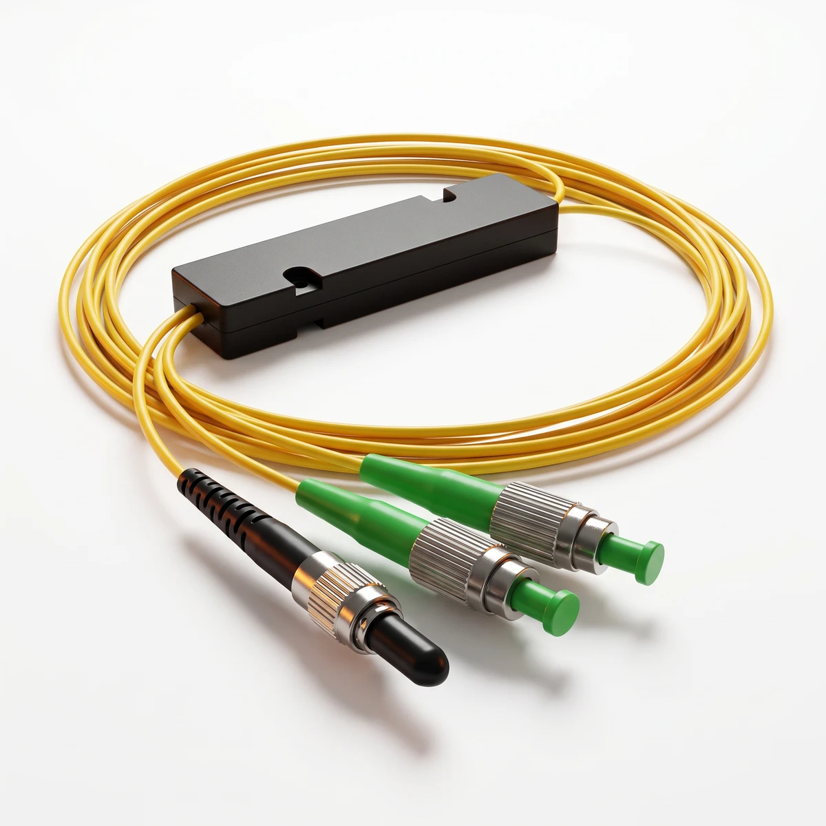 Conceptual fiber-optic component render with yellow fiber loops, a black module and precision metal connectors