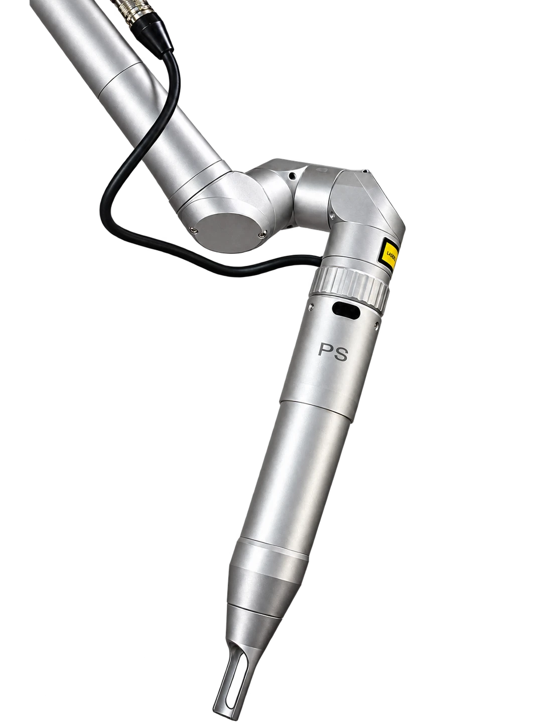 Silver PS picosecond handpiece with articulated joints and an open slotted spacer, retouched from supplied photographs