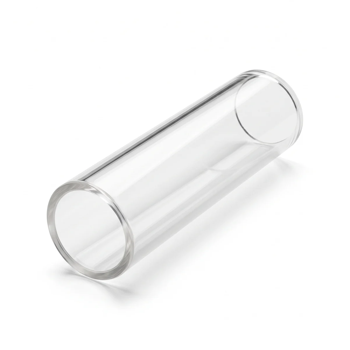 Illustration of a clear quartz laser flow tube on a white background