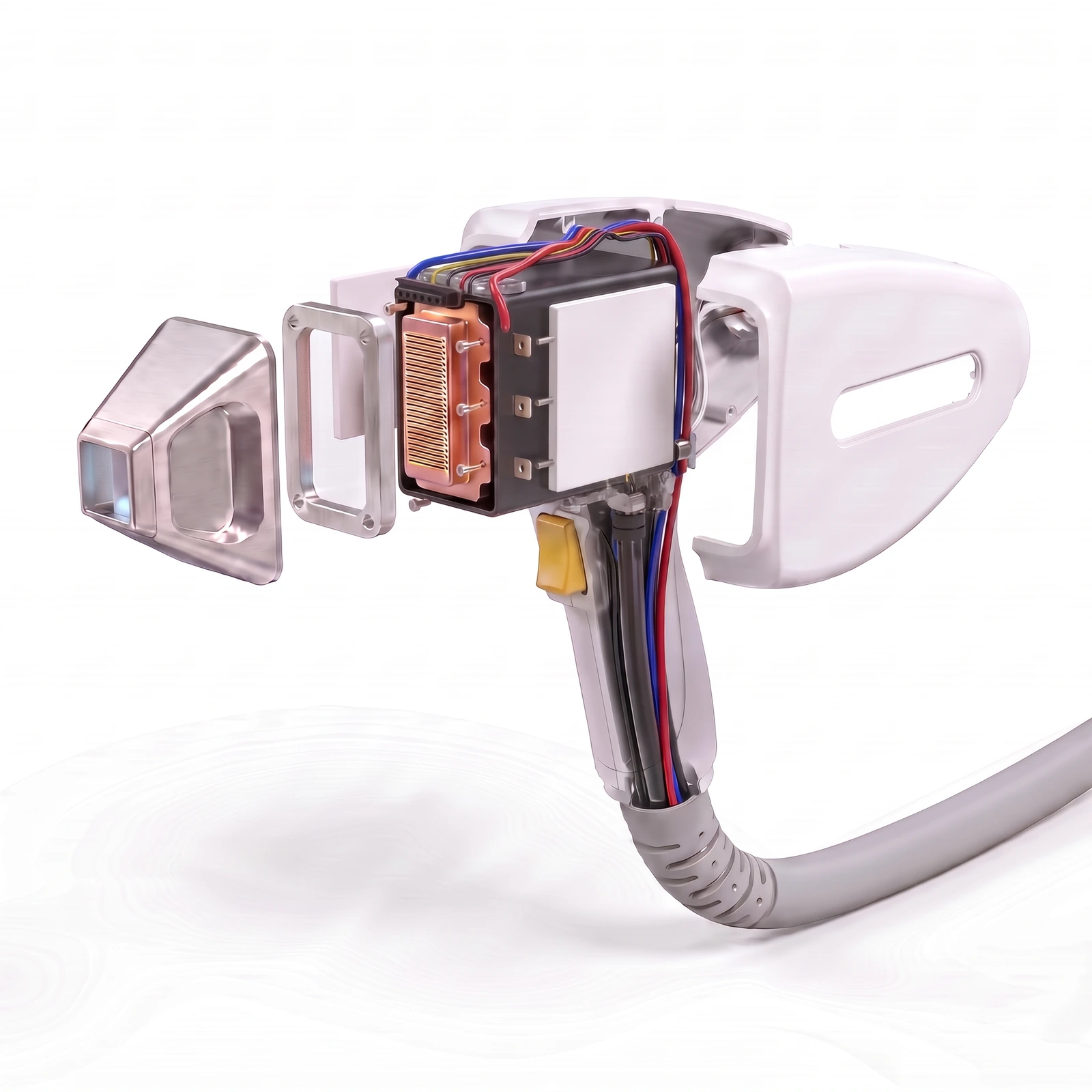 Exploded-view rendering based on the SmoothVive white handpiece with yellow trigger, showing an illustrative internal laser and cooling assembly