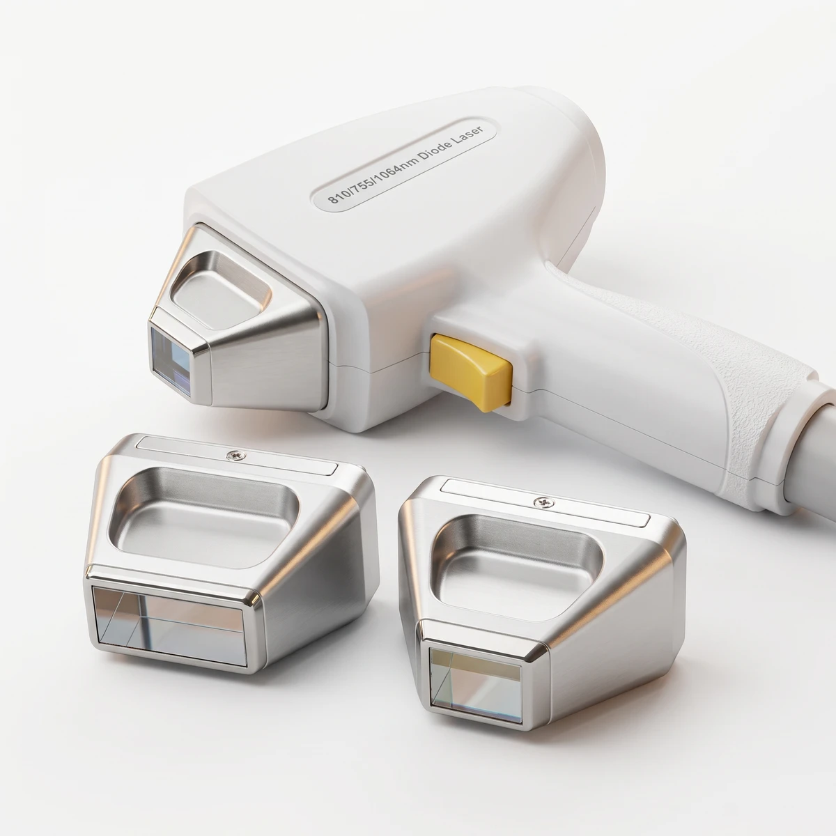 SmoothVive handpiece and two interchangeable metal treatment tips rendered from the supplied photographs
